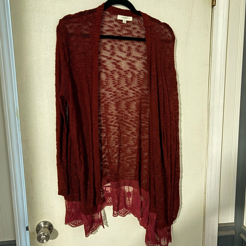 Umgee Burgundy Lace Hem Cardigan